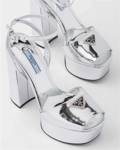 prada platform stack court shoe with sling silver|prada metallic platform sandals.